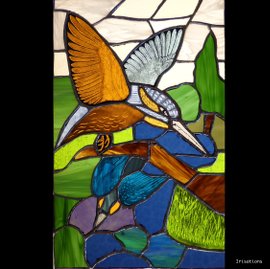Kingfishers, copper foil and glasspainting techniques. Stained glass class. Paris, Versailles, France.